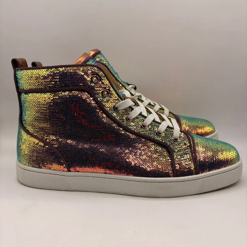 CHRISTIAN LOUBOUTIN Louis Orlato High Top Sneaker Sequin Rainbow Sz 43.5 $2200
